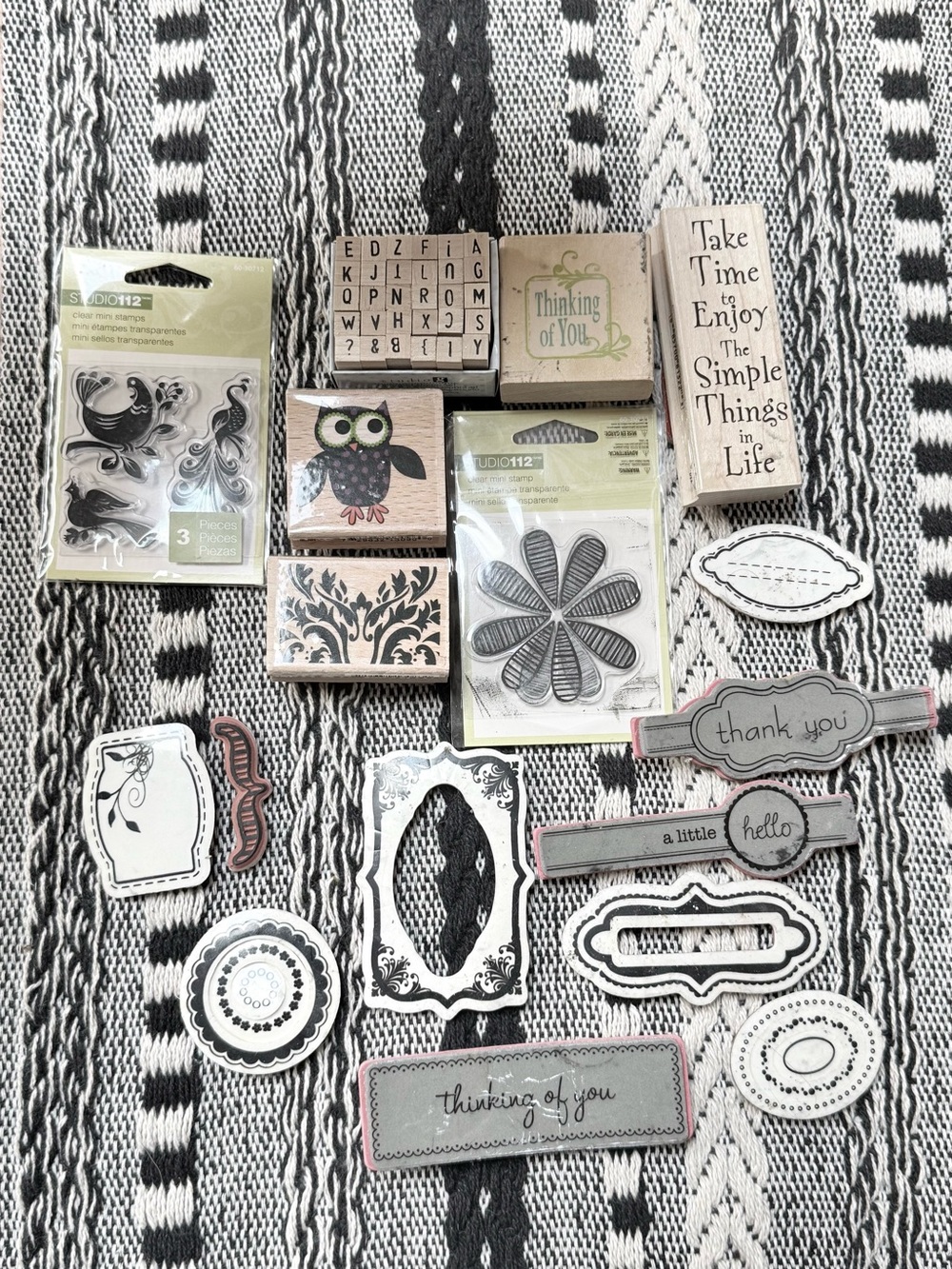 Assorted Sentiment & Decorative Rubber Stamps - Black, White, Gray